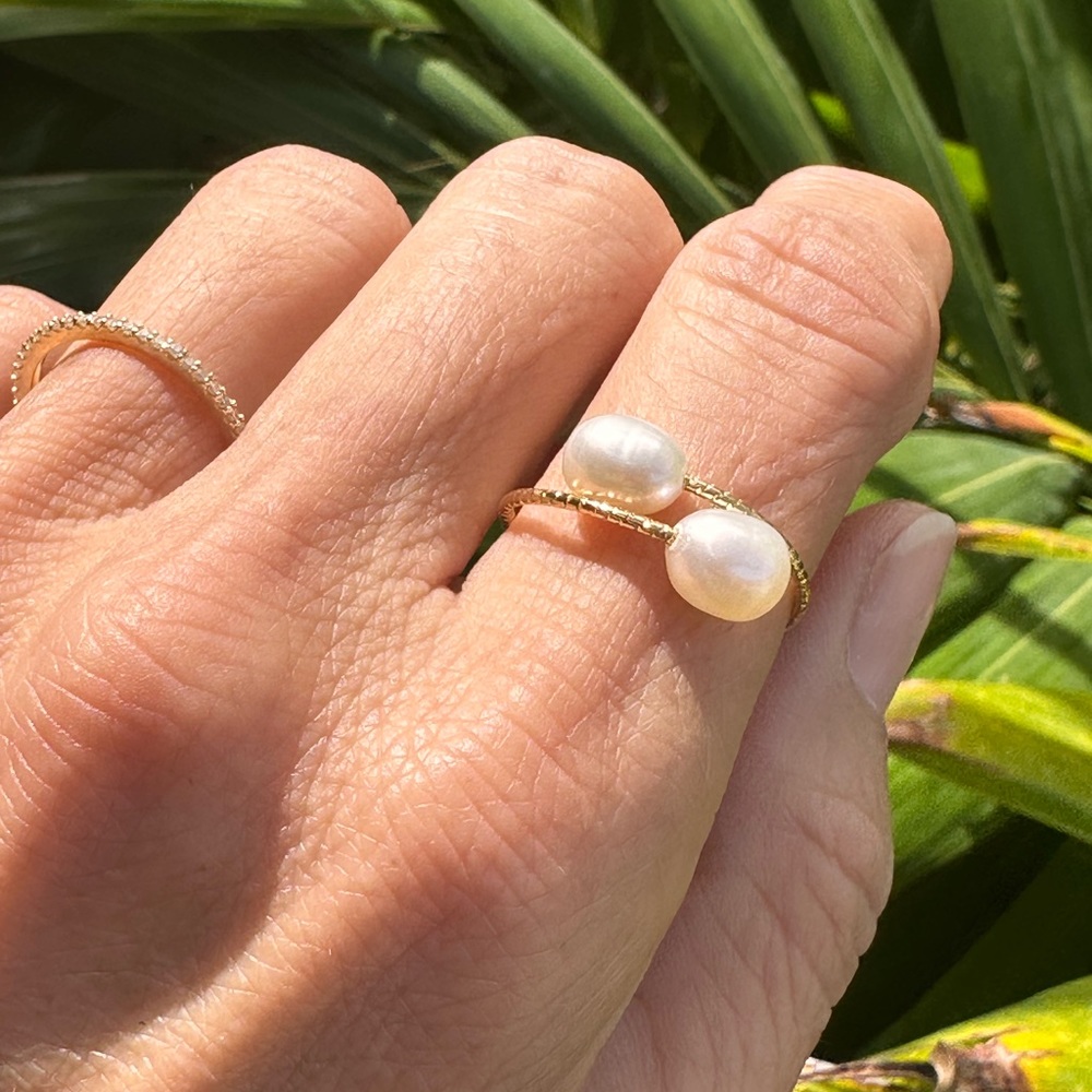 Double Pearl Bypass Ring 14k Gold Plated Twist Band Women's Jewelry Gift